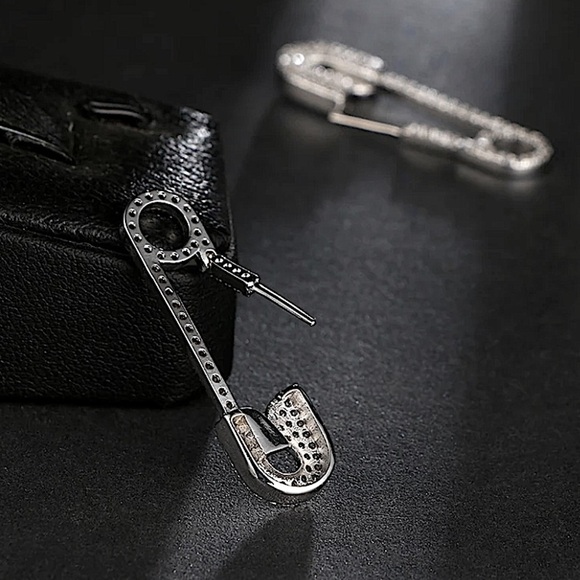 Rhinestone Silver Safety Pin Earrings - Picture 4 of 7